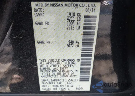 2015 Nissan Altima 2.5 Sv z USA, uszkodzony, nr VIN 1N4AL3AP8FC112437